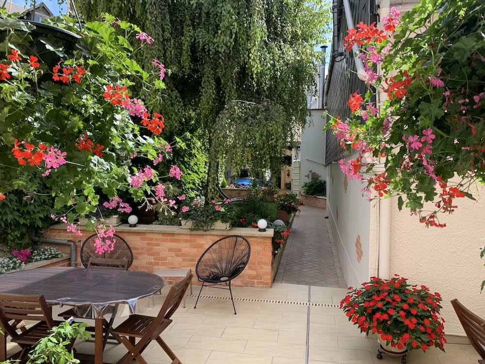 Une vue du jardin de Linterfaces depuis la terrasse fleurie avec le chemin à droite menant à la cour d’entrée et aux 2 voitures électriques.