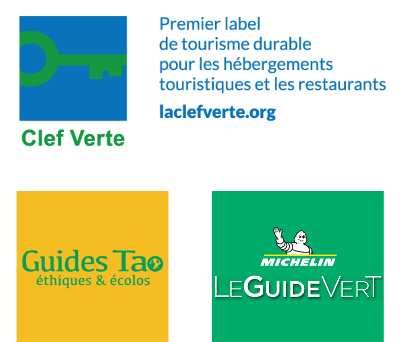 Logos du label Clef Verte, des Guides TAO et du Guide Vert Michelin